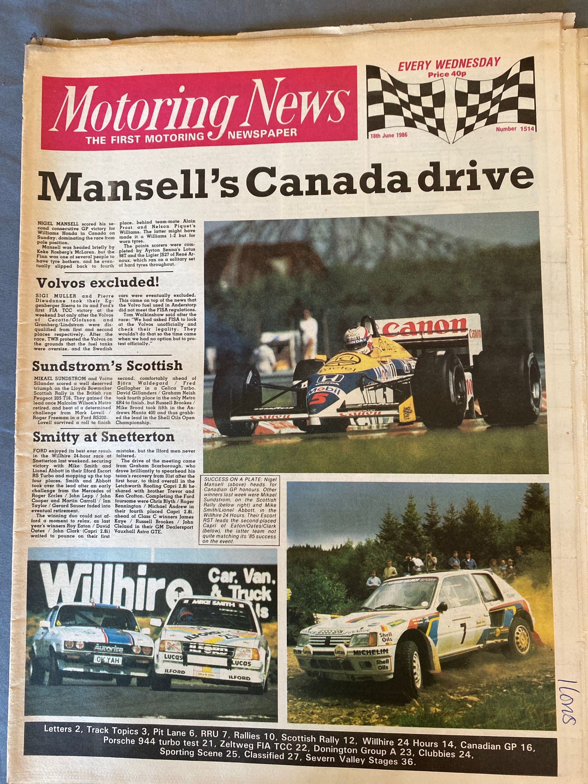 Motoring News 18 June 1986 Mansell Wins Canadian F1 GP Sundstrom Scottish Rally