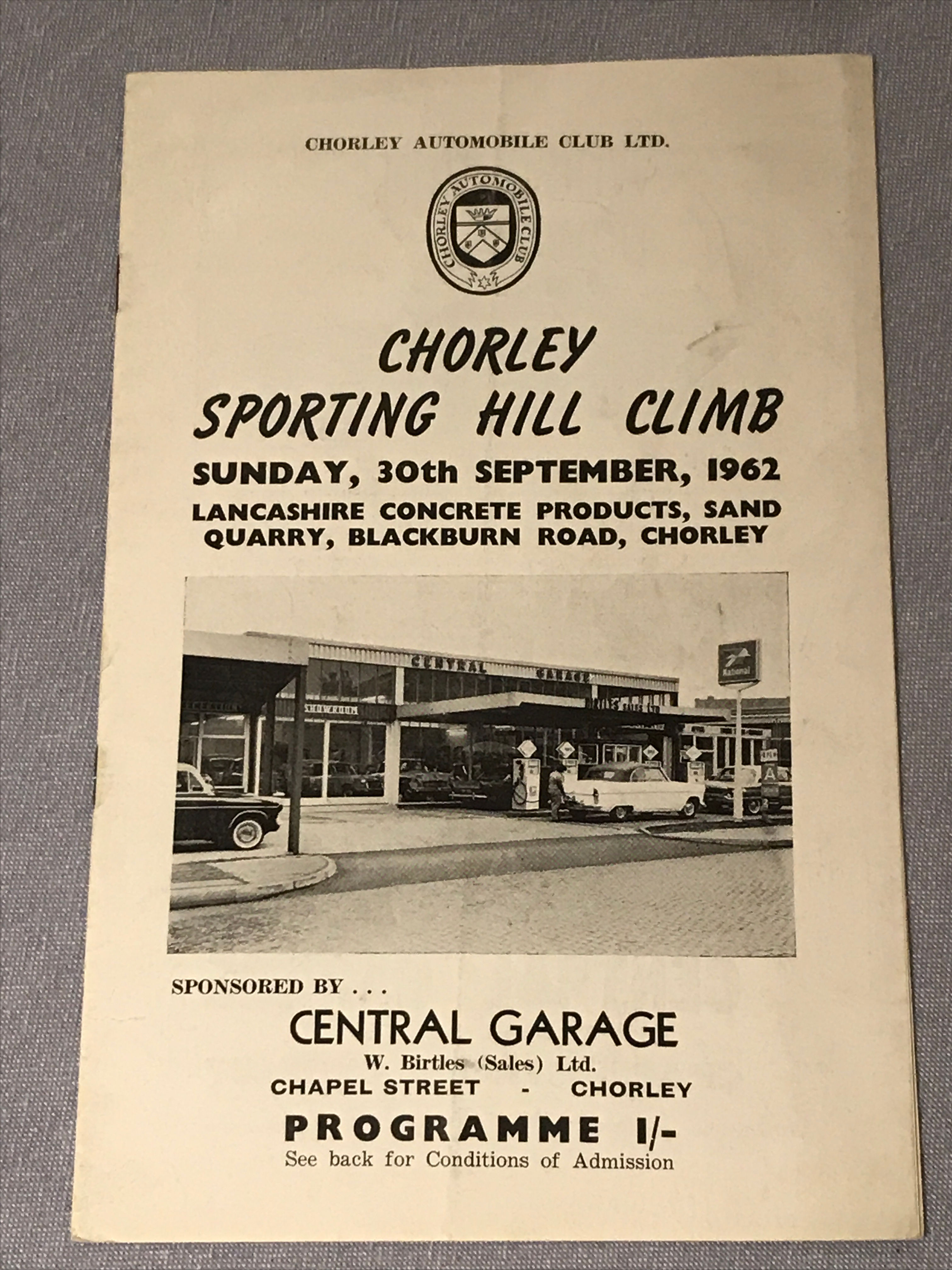 Race Programme 30 September 1962 Chorley Sporting Speed Hillclimb Rare A5