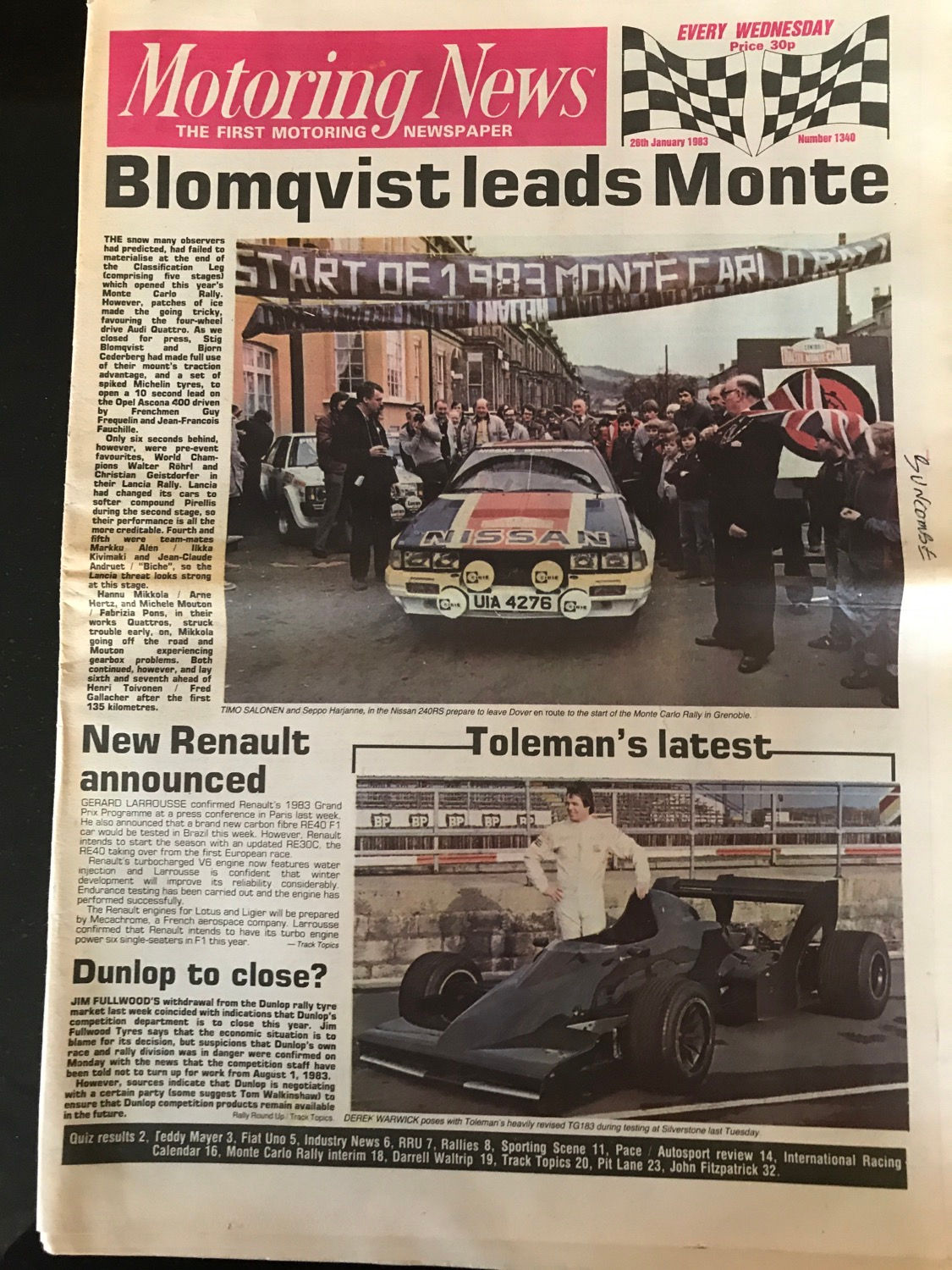 Motoring News 26 January 1983 Blomqvist Leads Monte Carlo Rally Teddy Mayer