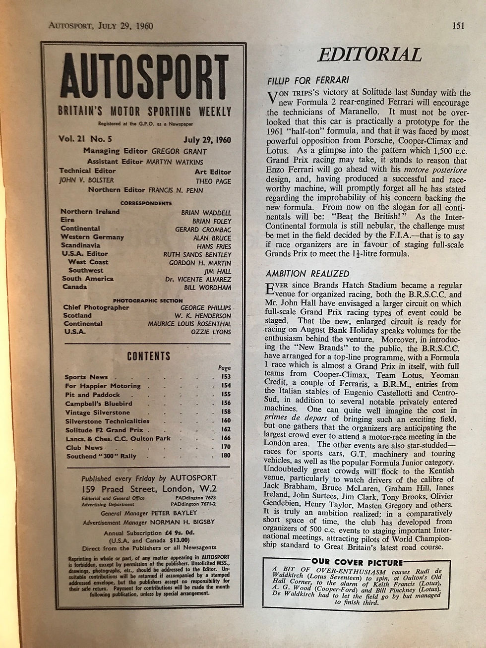 Thumbnail: Autosport 29 July 1960 Campbells Bluebird Von Trips Ferrari wins Solitude F2 