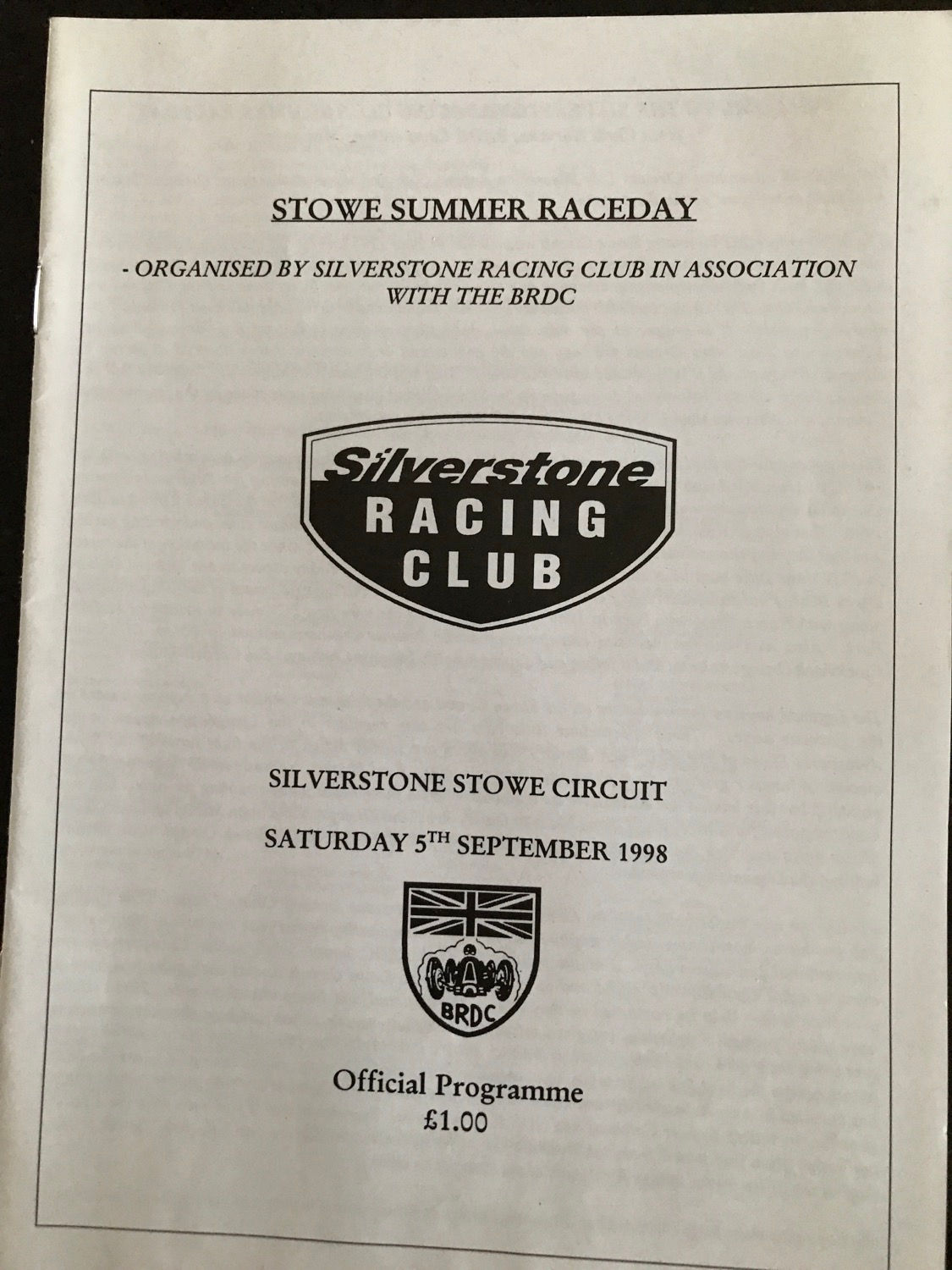 Programme Race Silverstone 5 September 1998 Legends Citroen 2cv Junior A5