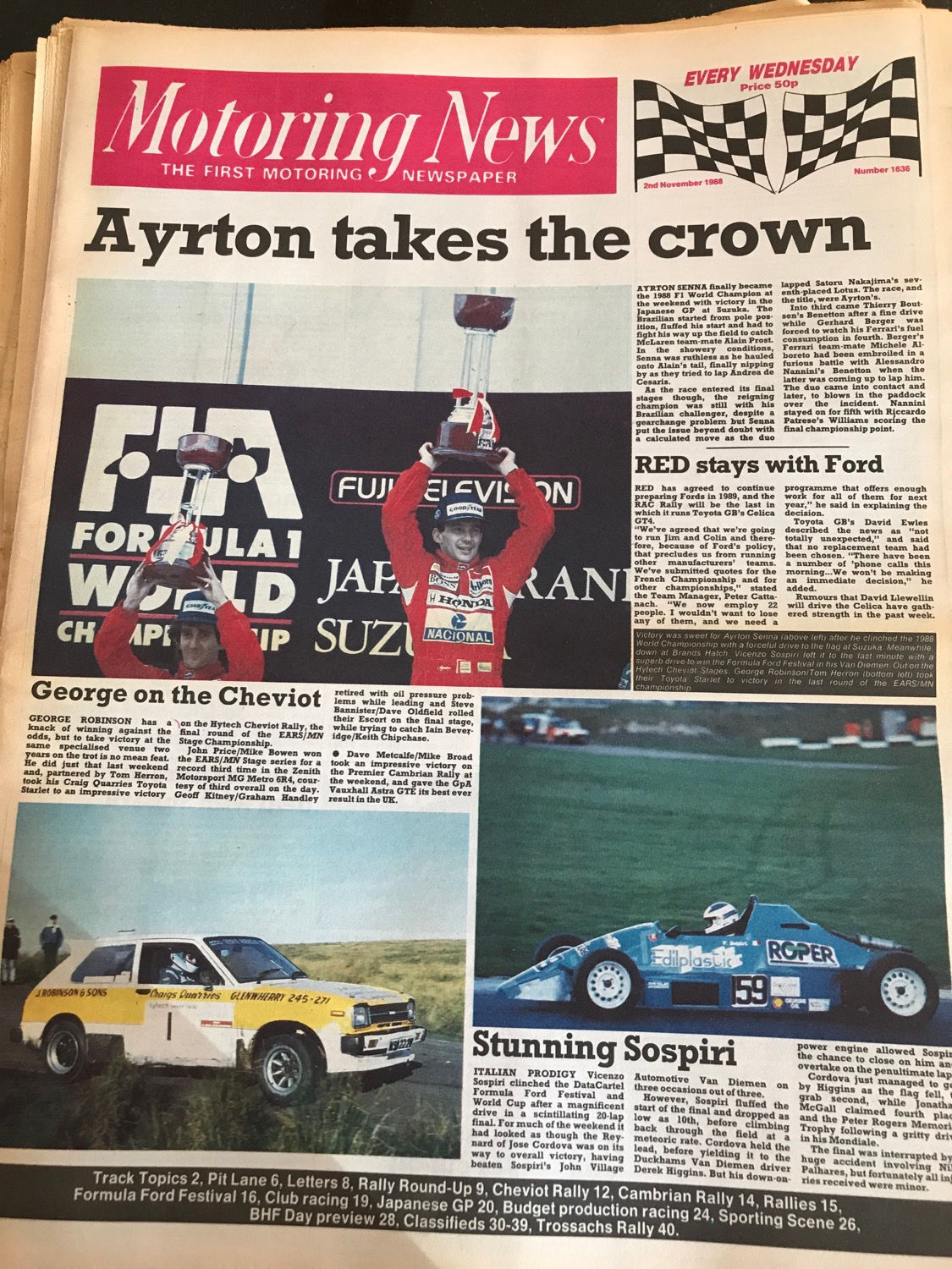 Motoring News 2 November 1988 Senna Japanese F1 GP World Champion Sospiri Brands