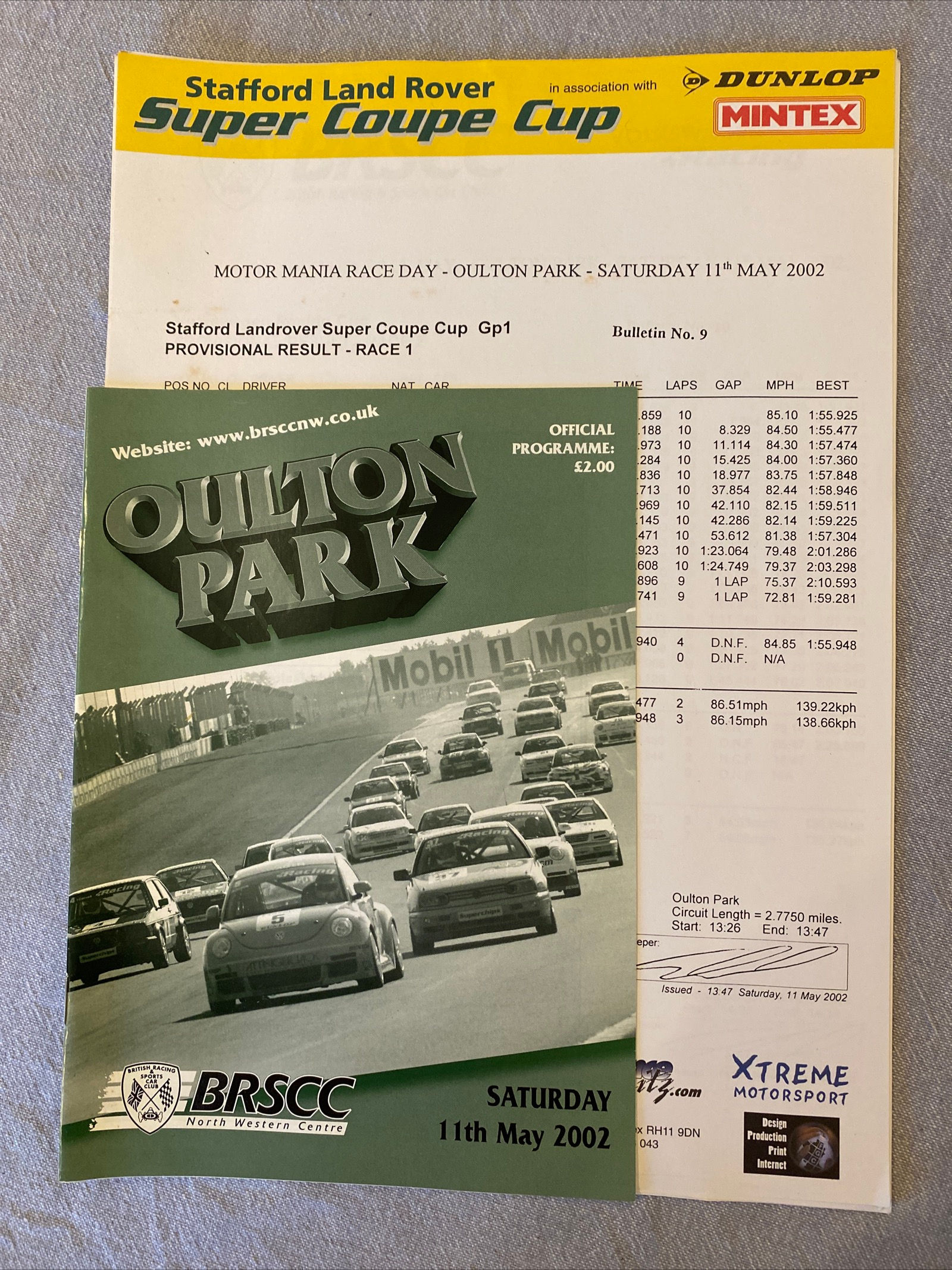 Programme Race Oulton Park 11 May 2002 Coupe Cup MG VW FF1600 Sports Results A5