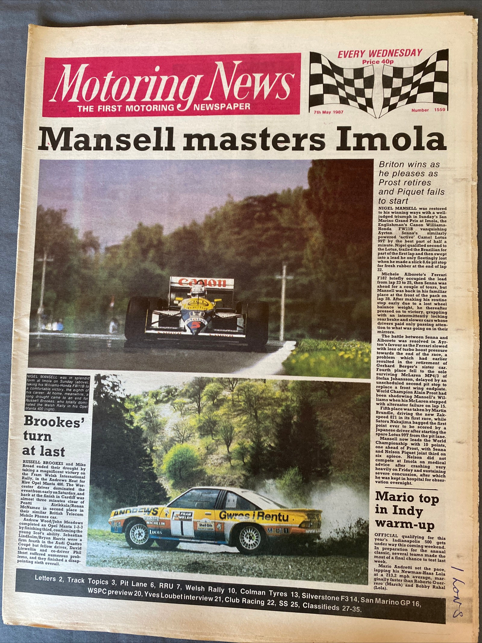 Motoring News 7 May 1987 Nansell Wins Implant F1 GP Brookes Manta Welsh Rally