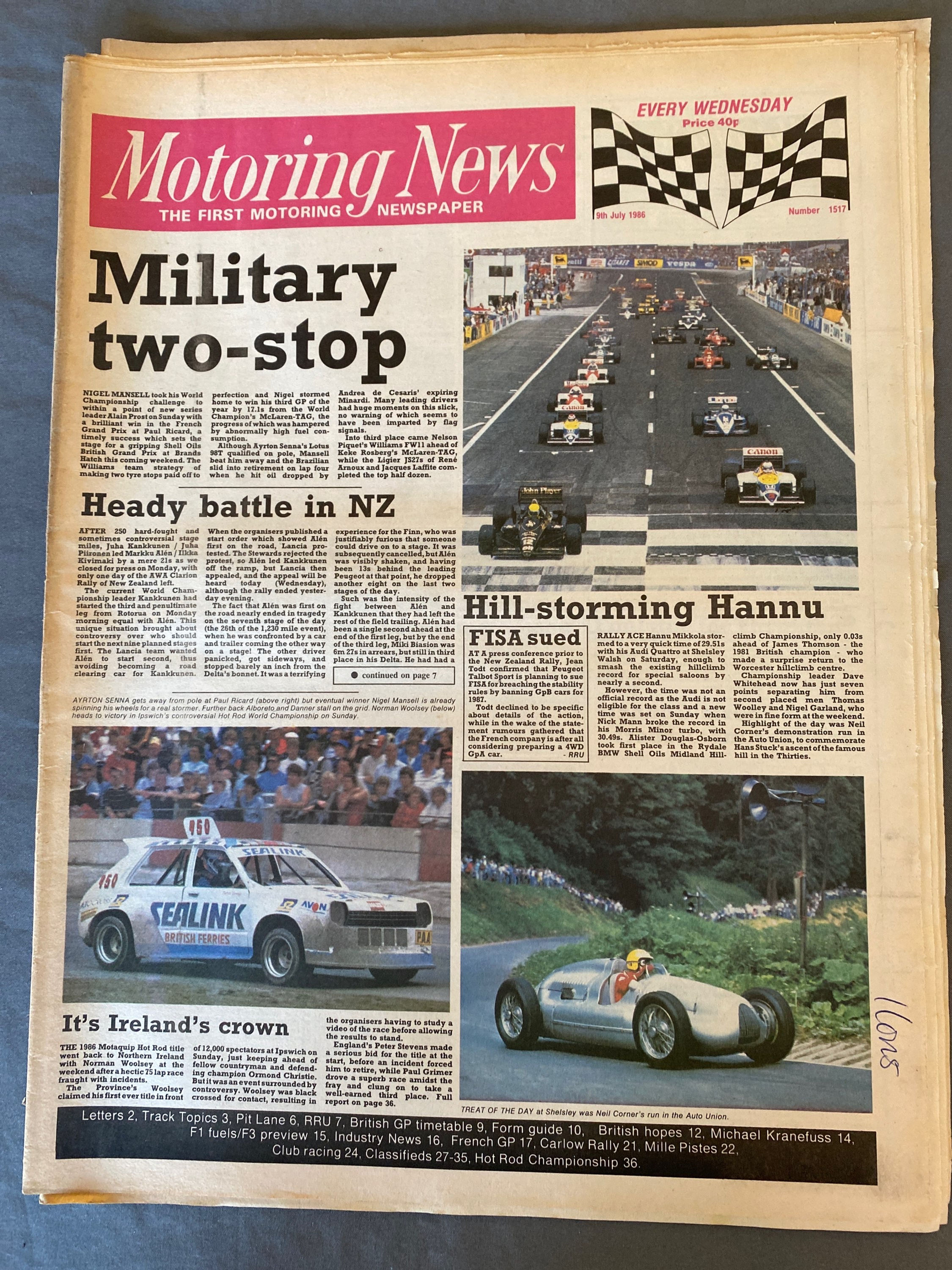 Motoring News 9 July 1986 Mansell Williams Wins French F1 GP Mikkola Shelley