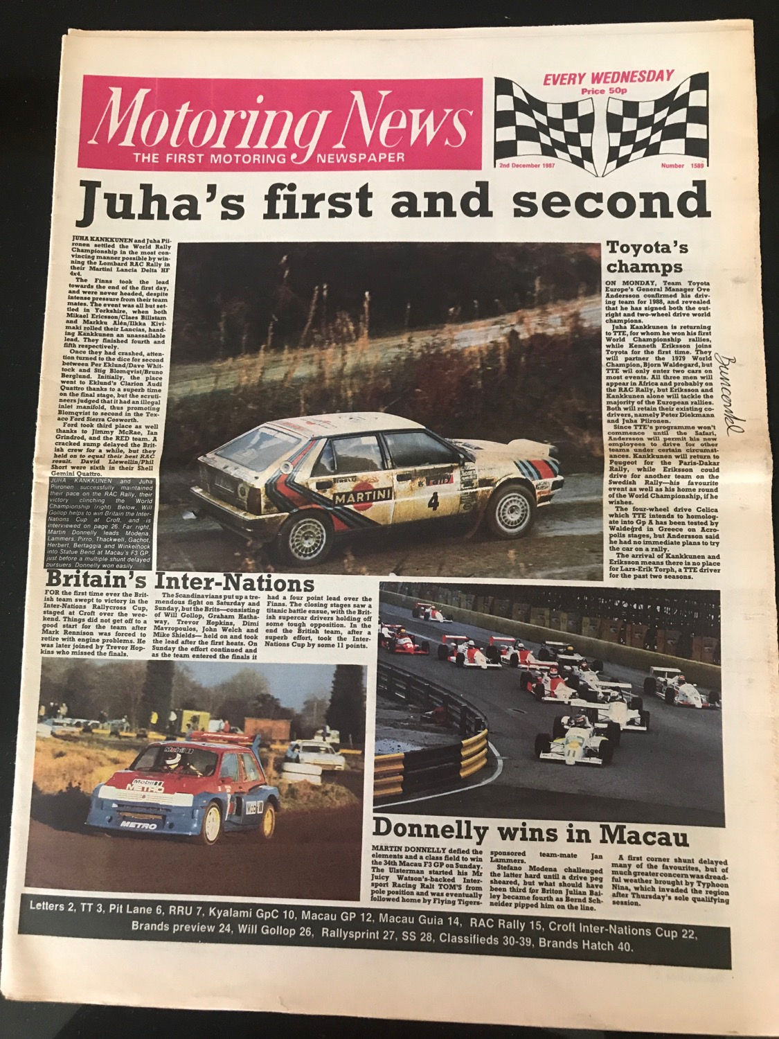 Motoring News 2 December 1987 Kankkunen Lancia Wins RAC Rally Donnelly Macau F3