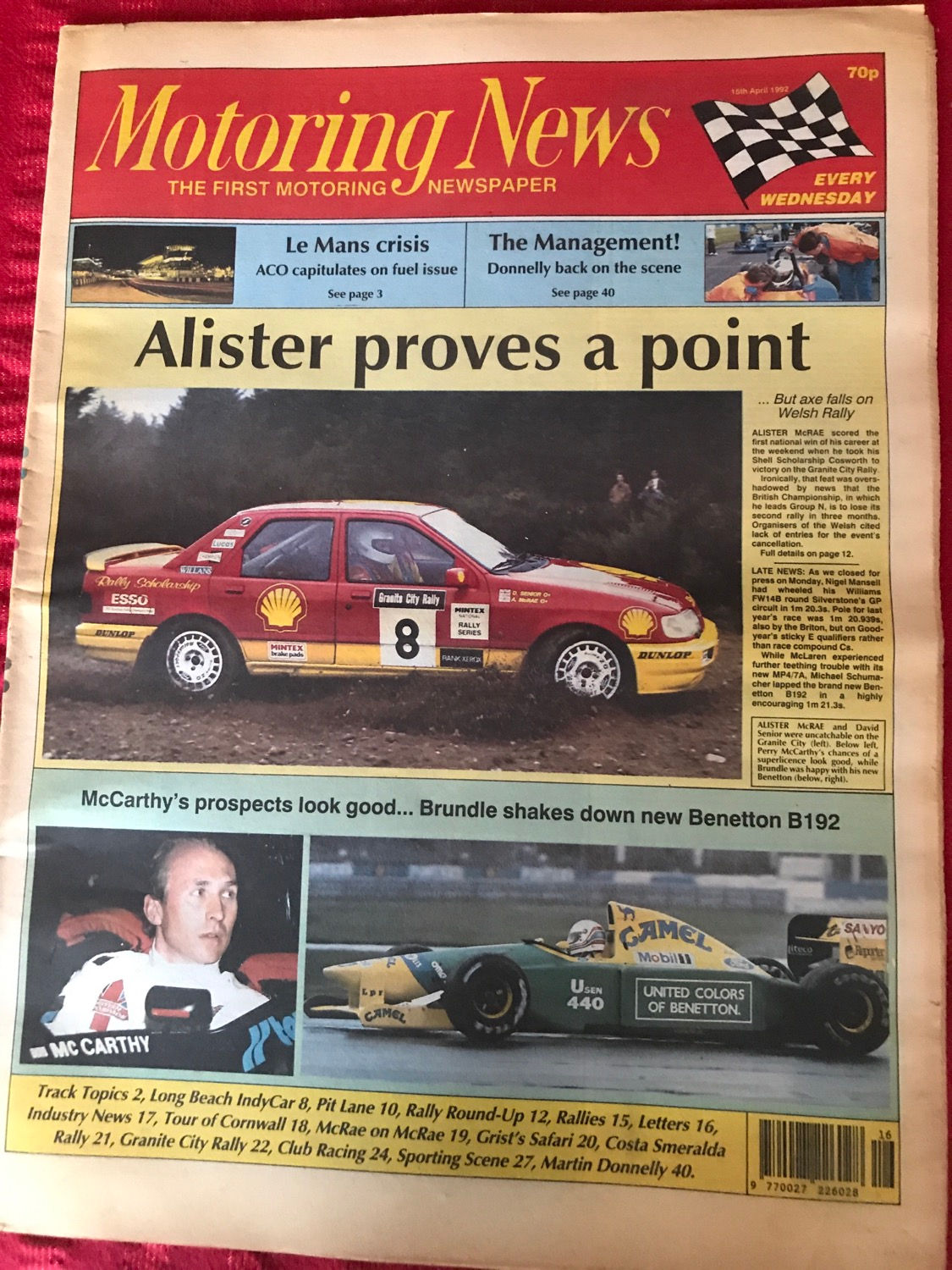 Motoring News 15 April 1992 Granite City Rally Tour Of Cornwall Martin Donnelly 