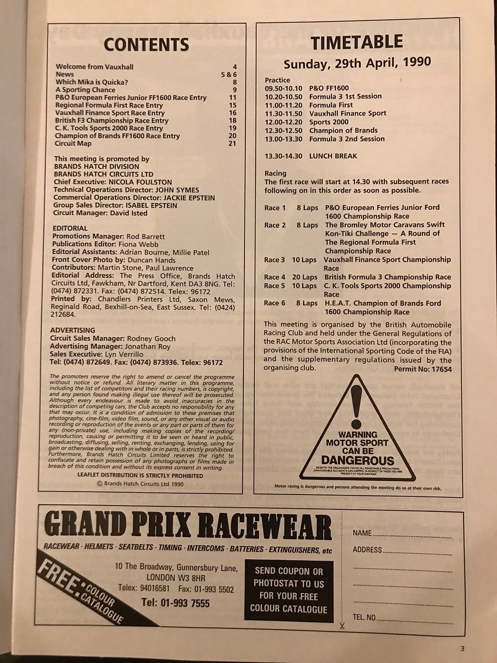 Thumbnail: Race Programme 29 April 1990 Formula 3 First Ford 1600 sports A4