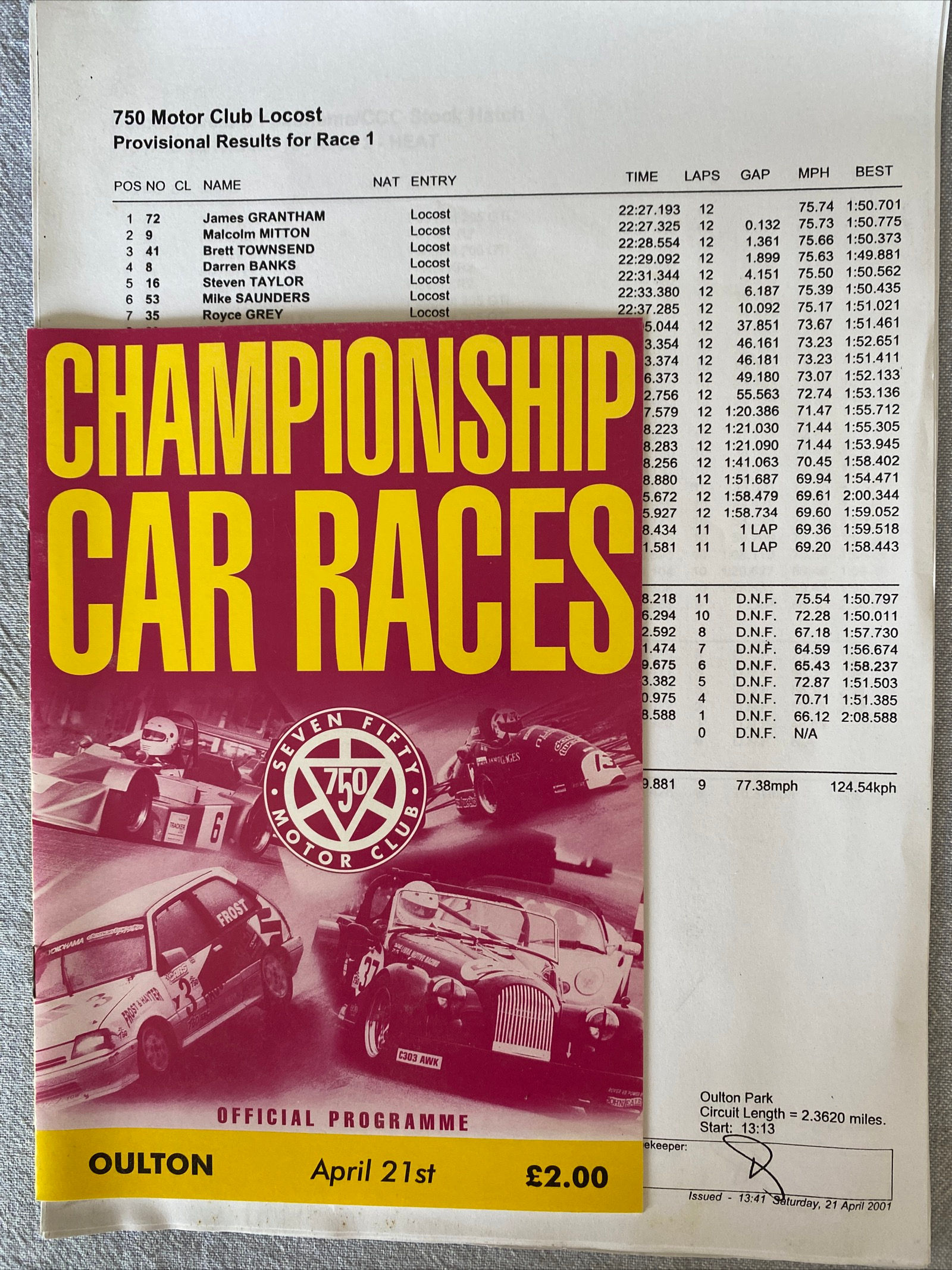 Programme Race Oulton Park 21 April 2001 760 Motor Club Locost Formula 4 Results