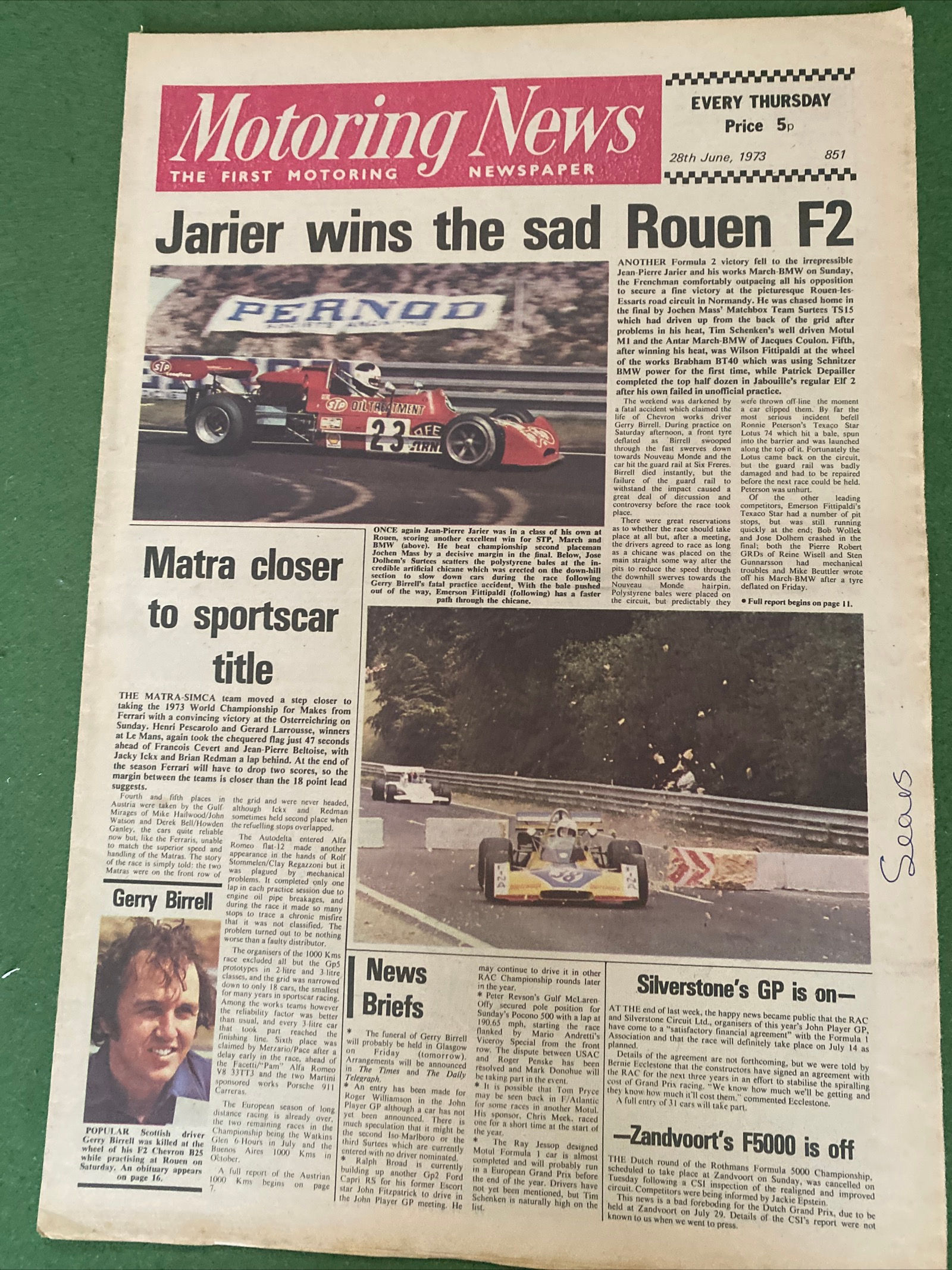 Motoring News 28 June 1973 Jarier Wins Rouen F2 Obituary Gerry Birrell Dolomite 
