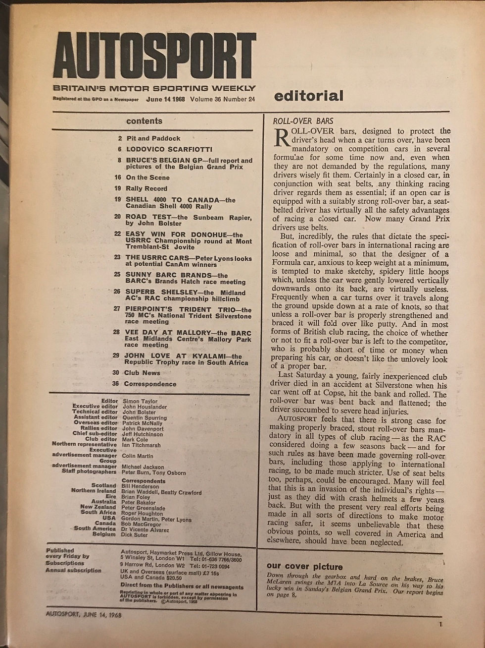 Thumbnail: Autosport 14 June 1968 Lodovico Scarfiotti obituary McLaren wins Belgium F1 GP