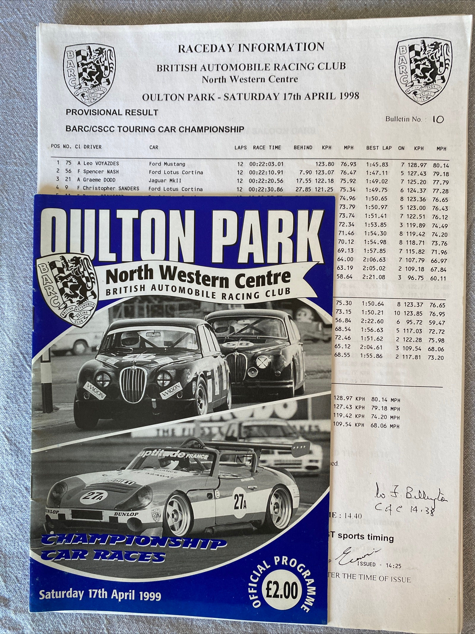 Programme Race Oulton Park 17 April 1999 Group 1 2 5 Touring Healey Results A5