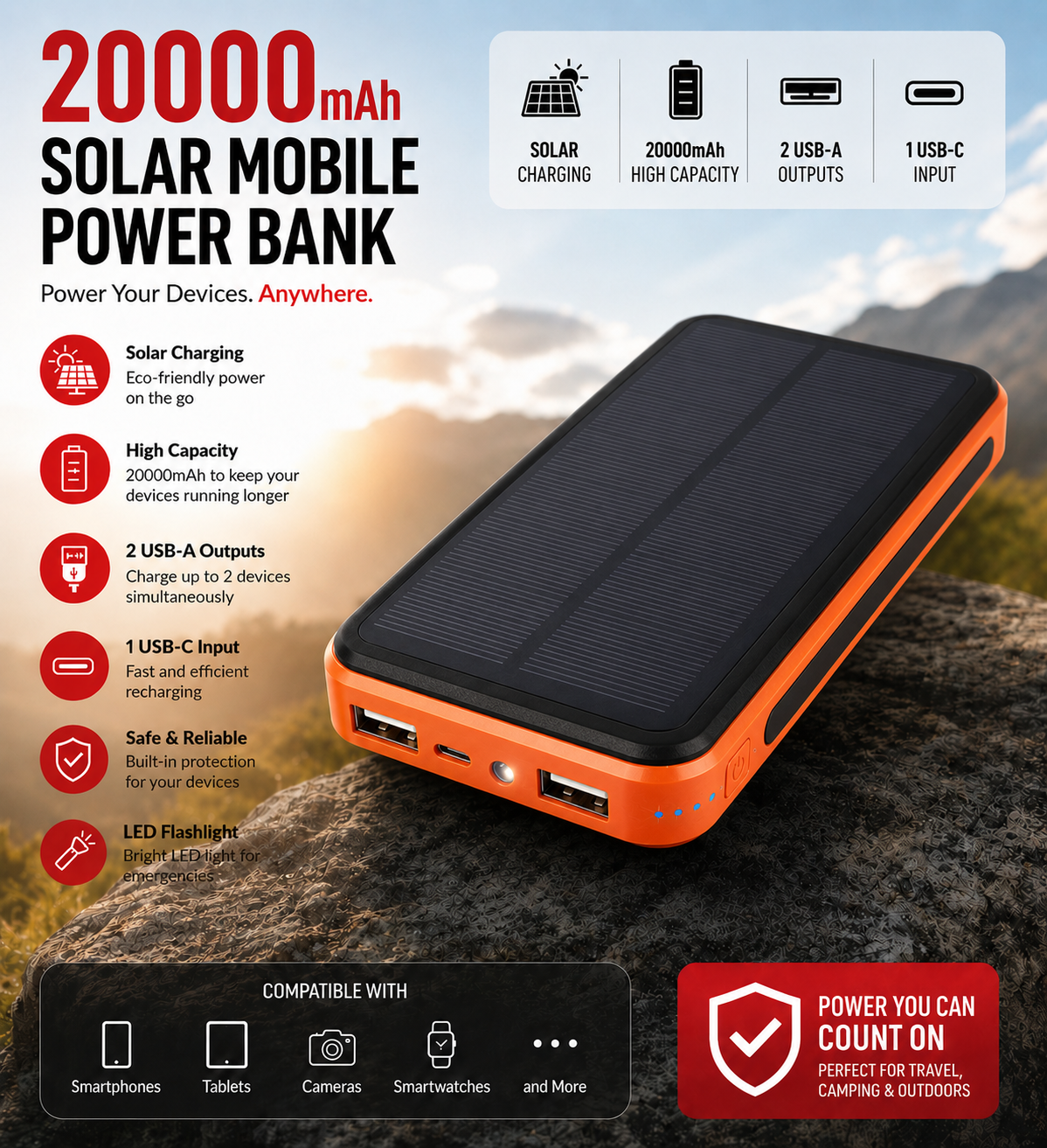 20000mAh Solar Mobile Power Bank
