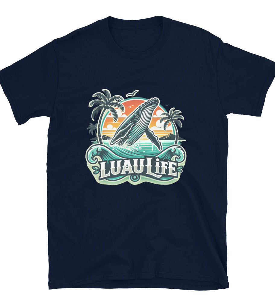 Navy LuauLife t-shirt with whale, tropical sunset, and palm tree design