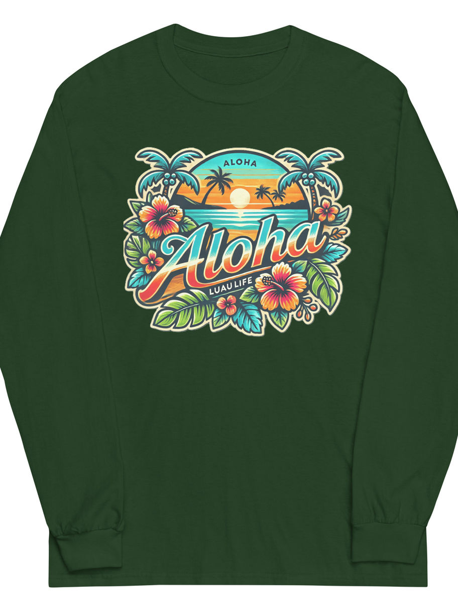 forest green LuauLife long sleeve shirt with colorful Aloha sunset and tropical floral design