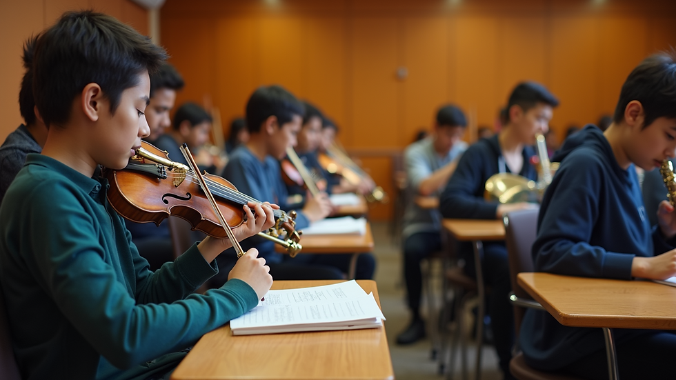 Vista de un aula de música con estudiantes aprendiendo a tocar instrumentos
