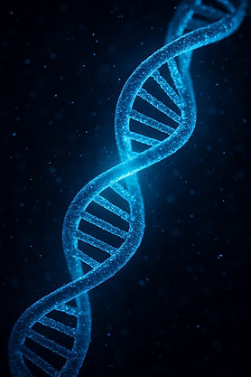 A glowing 3D DNA double helix strand illuminated in electric blue, set against a dark back