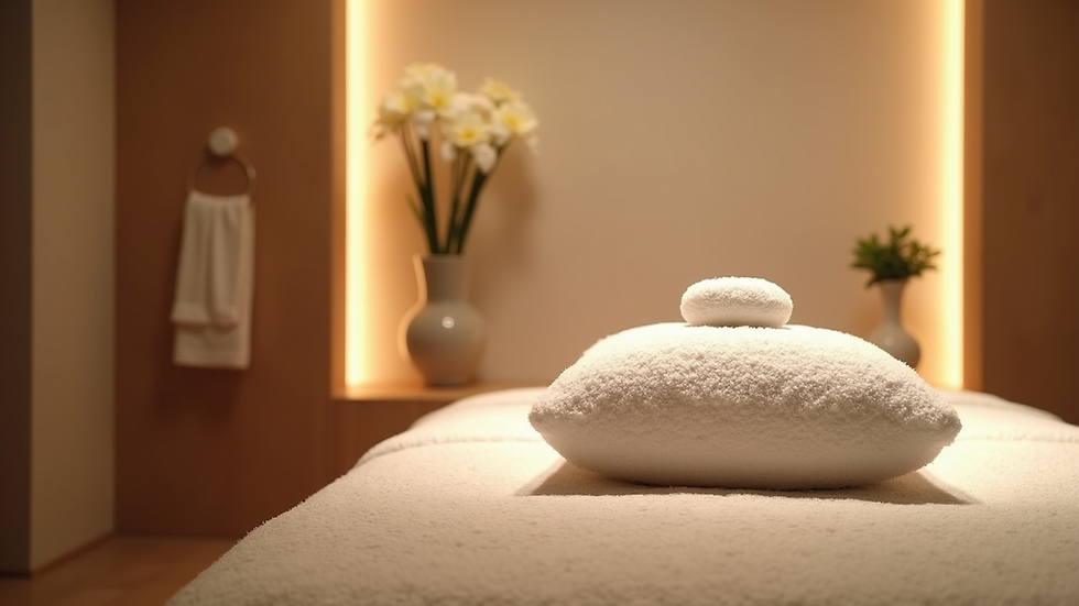Eye-level view of a massage room with calming decor and soft lighting