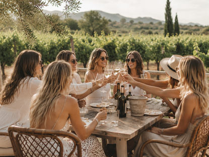 Freundinnen feiern einen JGA auf einem Weingut auf Mallorca und stossen an.