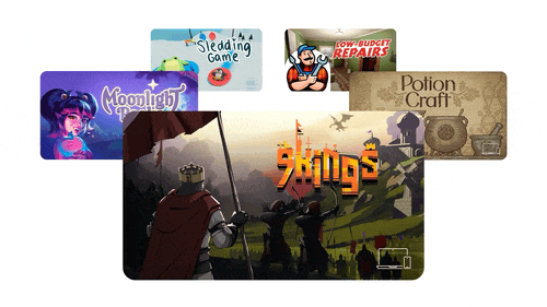 ภาพเกม Moonlight Peaks, 9 Kings, Potion Craft, Low-Budget Repairs และ Sledding Game ซึ่งเป็นเกมอินดี้แบบชำระเงินที่กำลังจะนำมาให้บริการใน Google Play