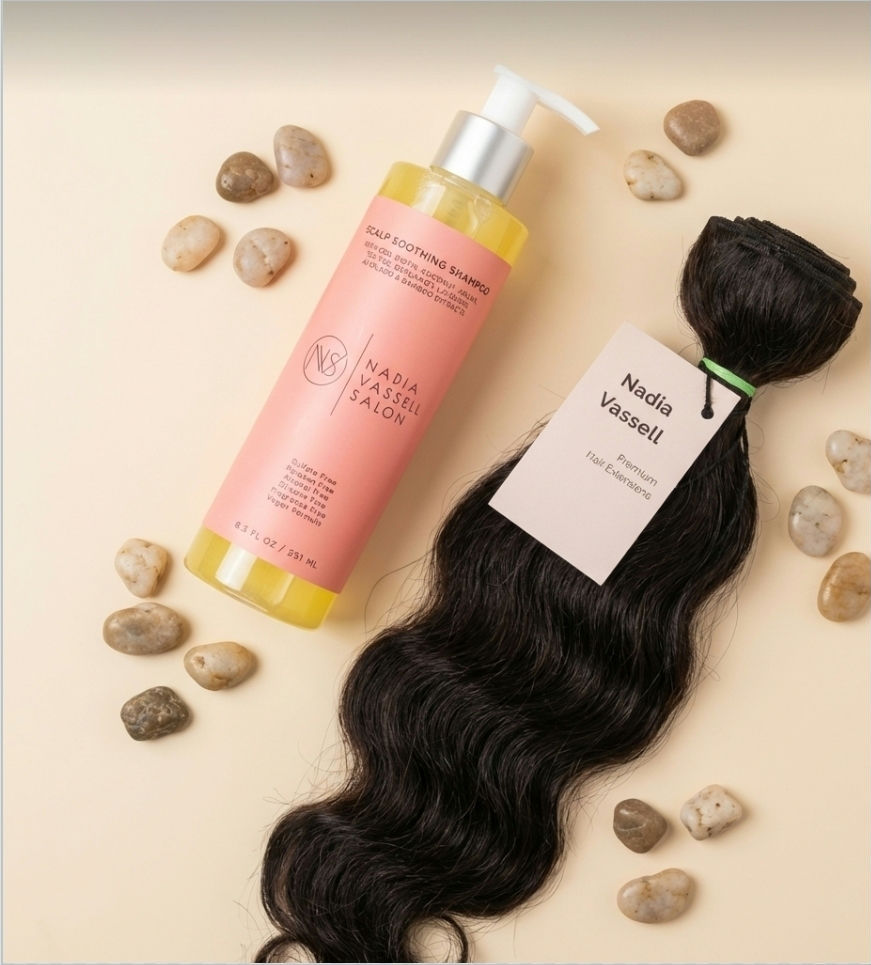 Close-up view of premium Indian hair extensions laid out on a table