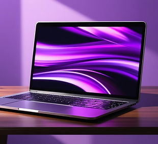 crie uma imagem de uma mesa com um laptop com uma apresentação em slides na tela, use tons