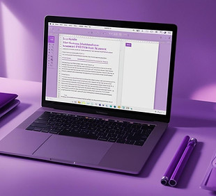 crie uma imagem de um desktop de home office, com um laptop aberto em um documento de ediç