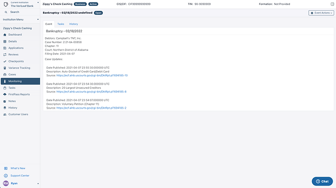 An image of an alert notifying the user that their customer has gone bankrupt so they can respond accordingly