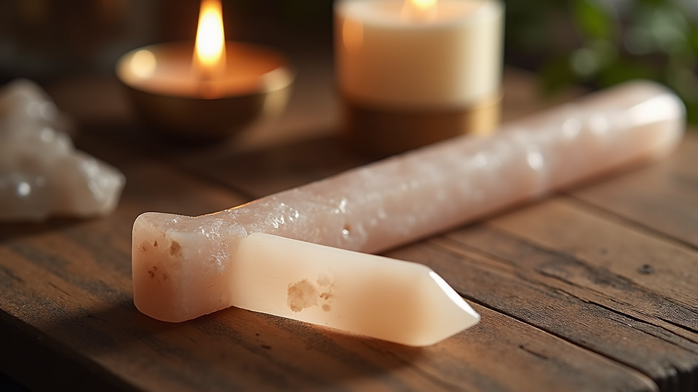 Eye-level view of a selenite wand resting on a wooden altar with crystals and candles