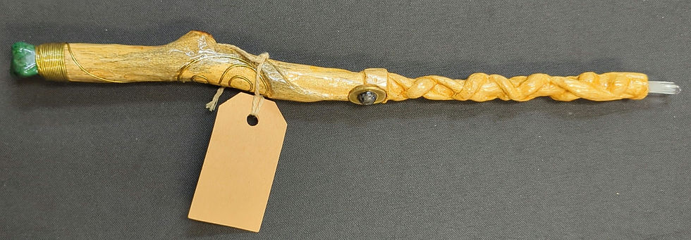 Handmade carved wooden wand made from birch with Celtic knot design with malachite, larvakite, and quartz