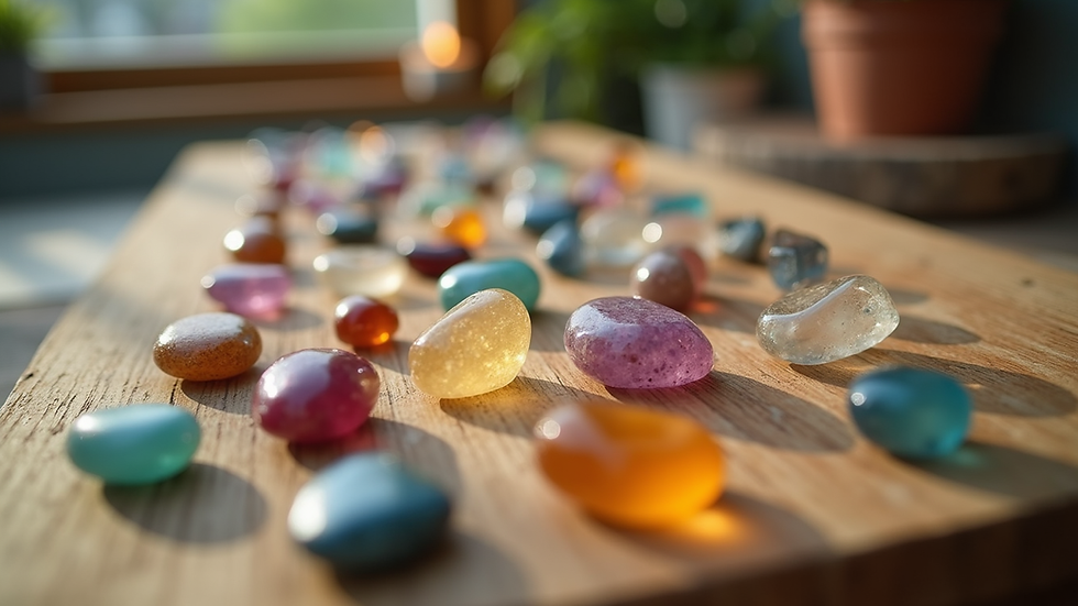 Eye-level view of a crystal grid laid out on a wooden table with colorful stones