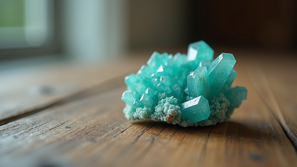 Eye-level view of amazonite crystal cluster on a wooden surface