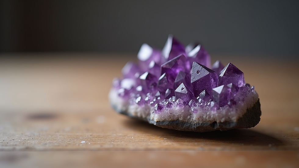 Close-up view of smooth amethyst crystal cluster on a wooden surface