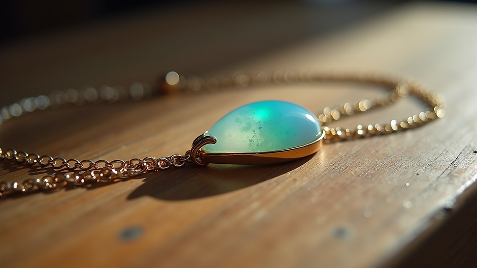 Eye-level view of an opalite pendant necklace on a wooden surface