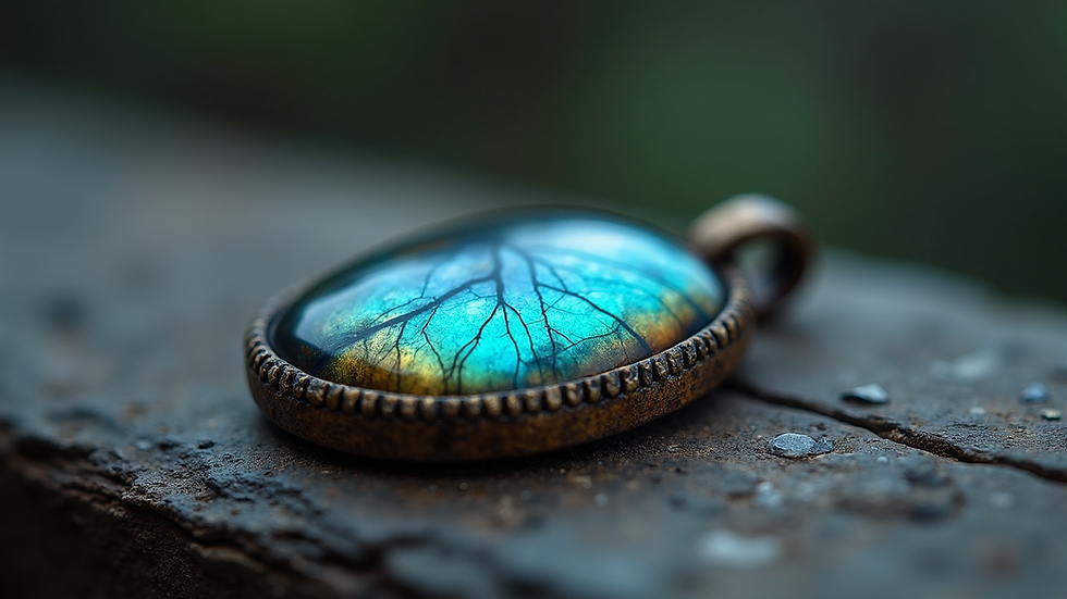 Eye-level view of a labradorite pendant with blue and green flashes