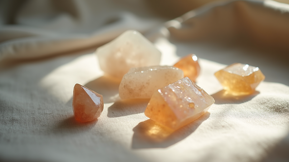 Close-up view of a healing crystal set arranged on a cloth with soft natural light