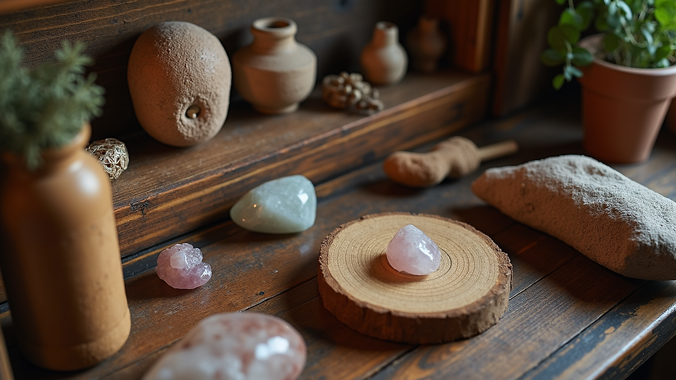 High angle view of a cozy spiritual shop corner with crystals and smudging tools