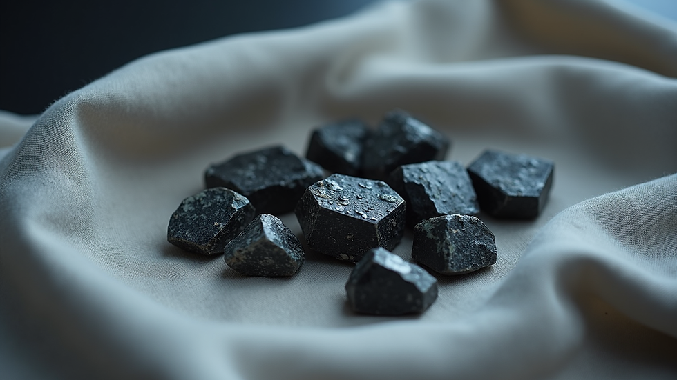 High angle view of a small collection of crystals including hematite on a cloth
