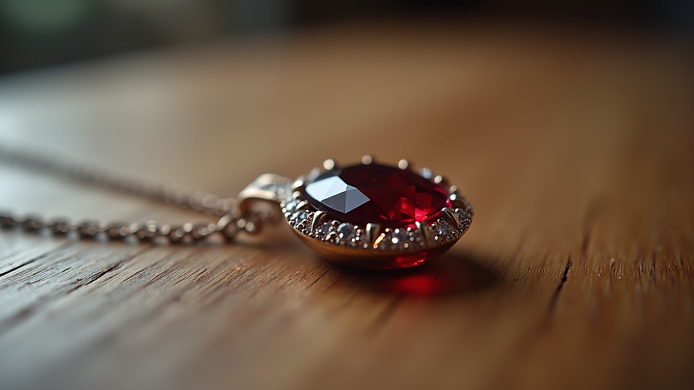 Eye-level view of a garnet pendant necklace on a wooden surface