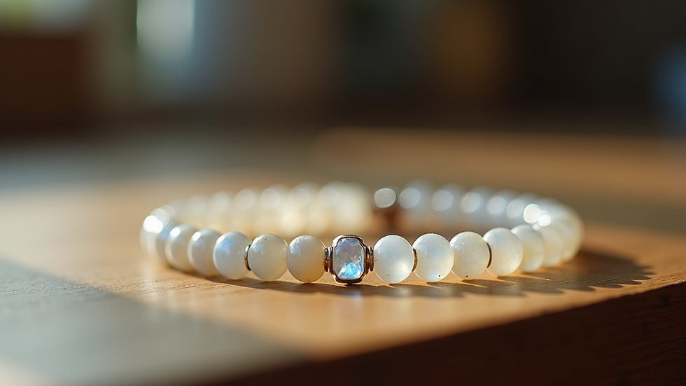 Eye-level view of a moonstone bracelet resting on a wooden surface