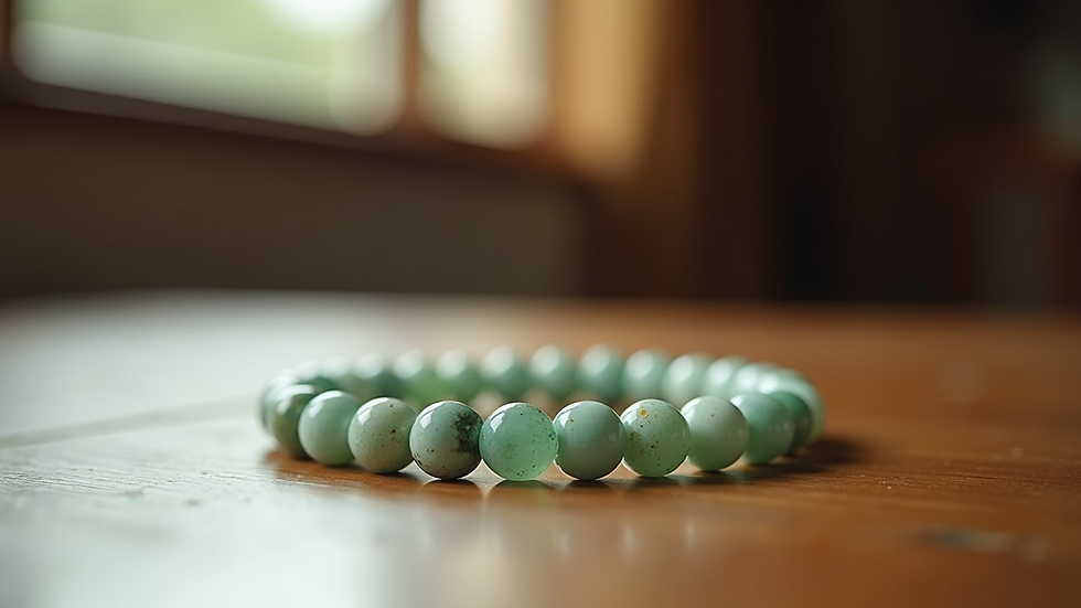 Eye-level view of a Howlite bracelet resting on a wooden table