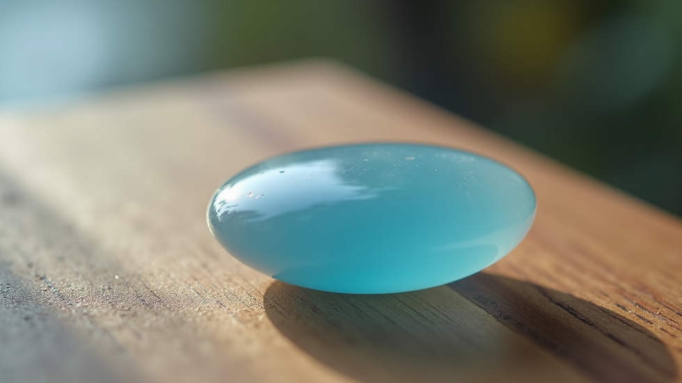 Close-up view of a smooth blue chalcedony stone resting on a wooden surface