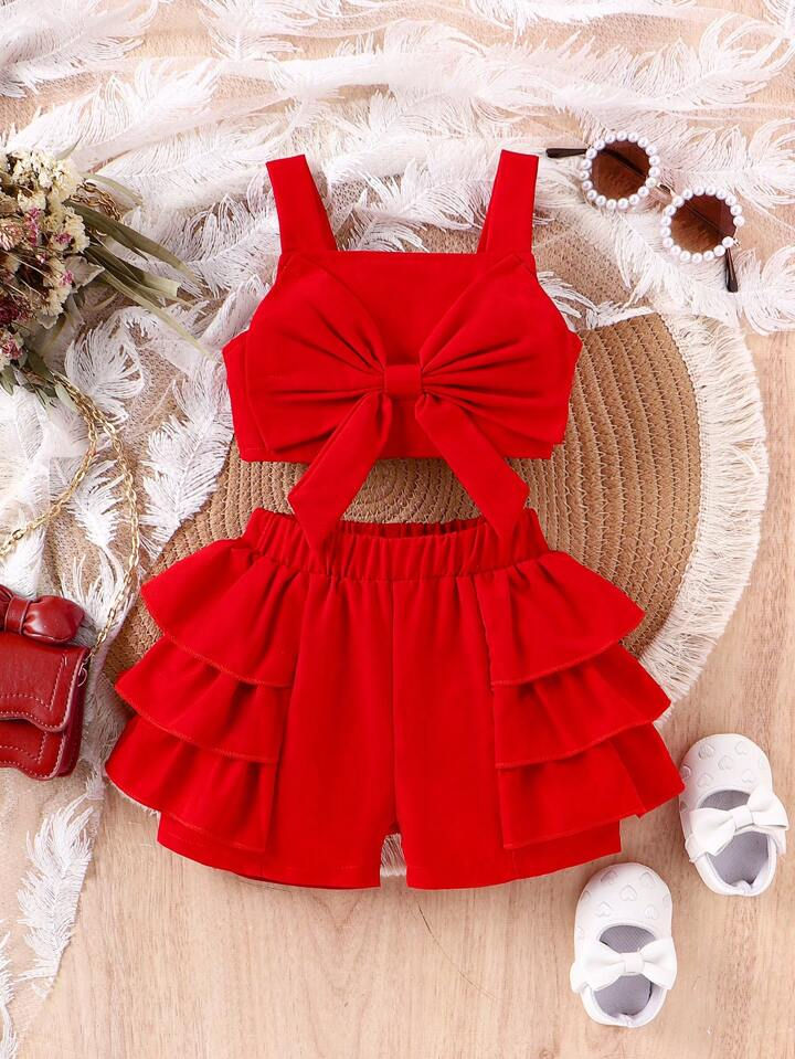 Thumbnail: Baby Girl Bow Detail Decoration Short Strap Vest And Red Shorts Set