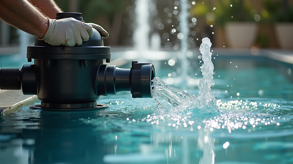 Close-up view of a technician inspecting water pump equipment in a resort water feature