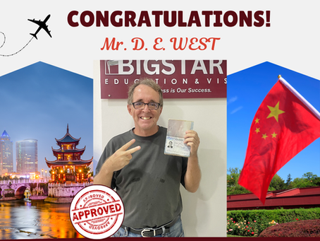 CHINA: TOURIST VISA GRANTED (10 YEARS MULTIPLE ENTRY) - MR. D. E. WEST