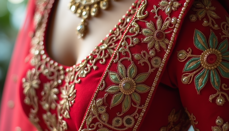Close-up view of a custom designer lehenga with intricate embroidery