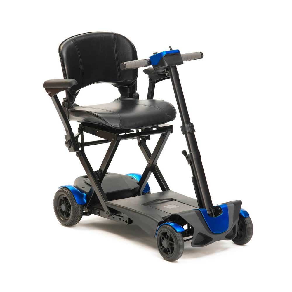 Front angle view of the blue autofold mobility scooter