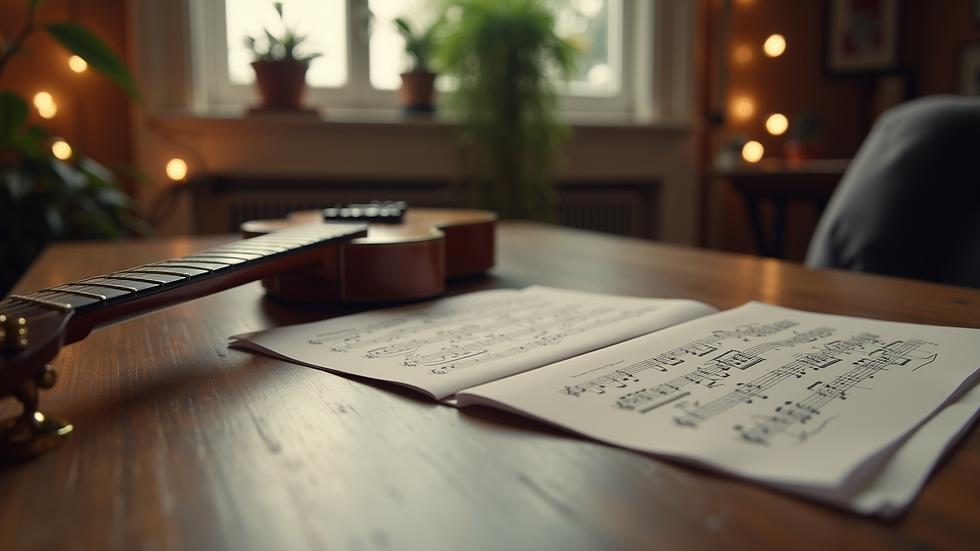 Close-up view of a guitar and music notes on a table