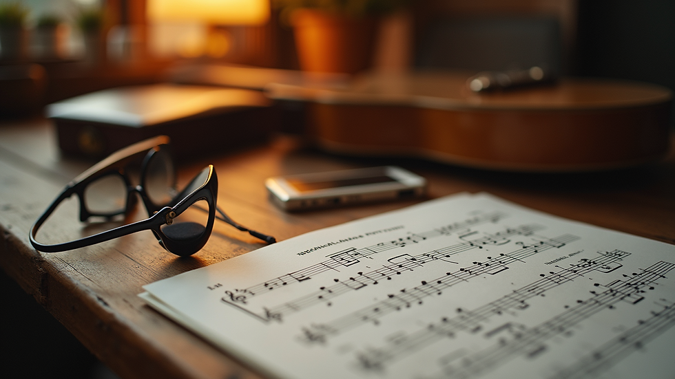 Close-up view of a guitar and music notes on a table