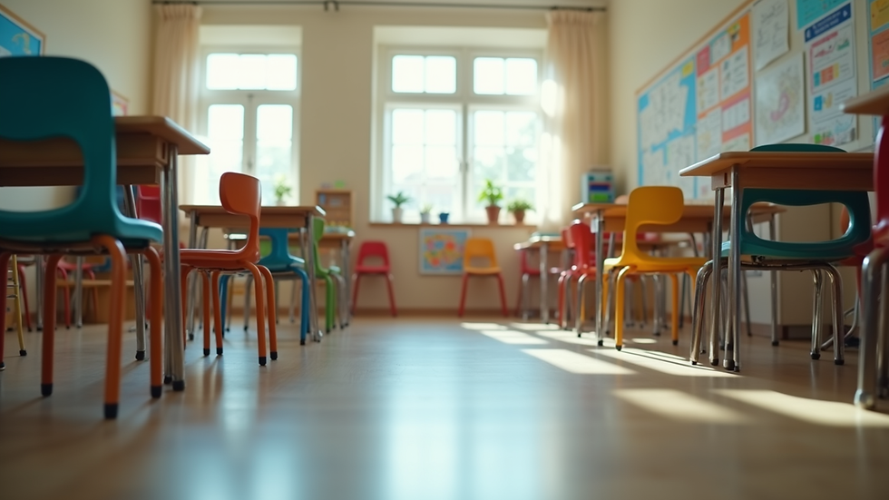 Eye-level view of a music classroom with colorful instruments and learning materials
